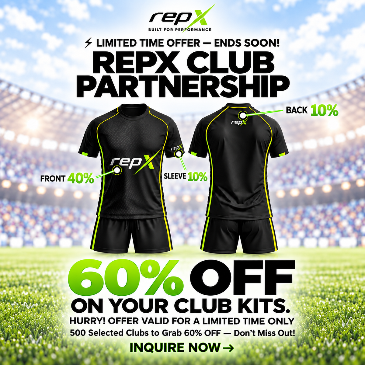 60% Repx Club Partnership – up to 60% off custom club football kits with REPX logo placement