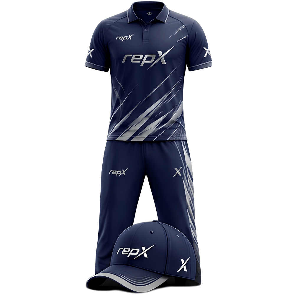 RepX Navy Silver Cricket Kit | Custom Cricket Team Uniform | Premium Cricket Jersey & Trousers
