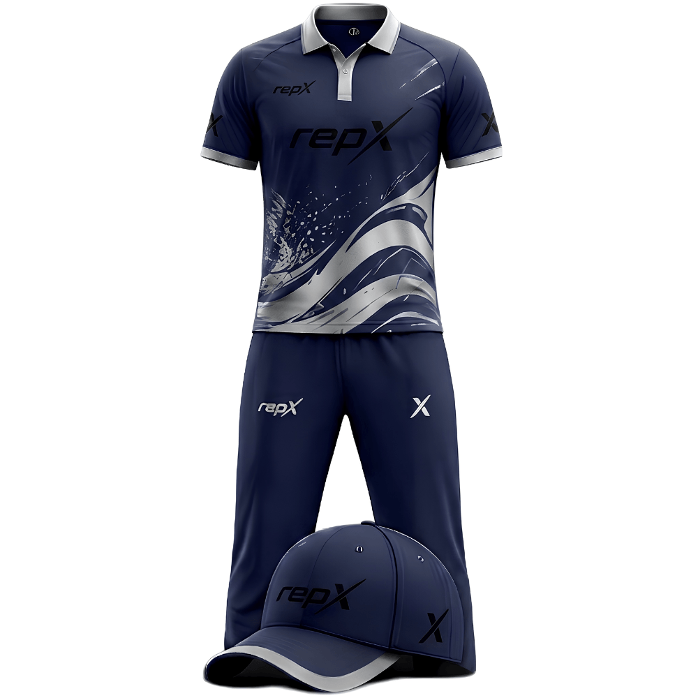 RepX Navy Silver Cricket Kit | Custom Cricket Team Uniform | Premium Cricket Jersey & Trousers