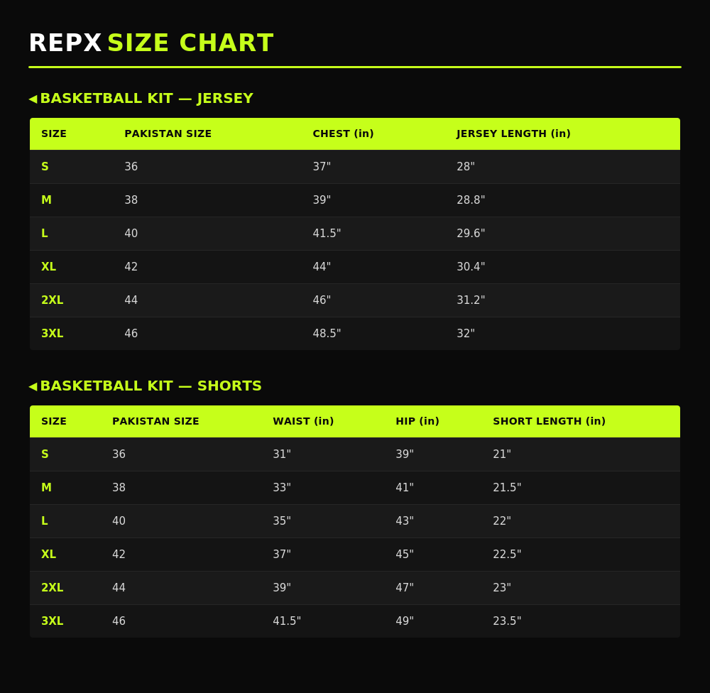 Custom Basketball Uniform Set – Olive & Black Sublimated Jersey & Shorts size chart