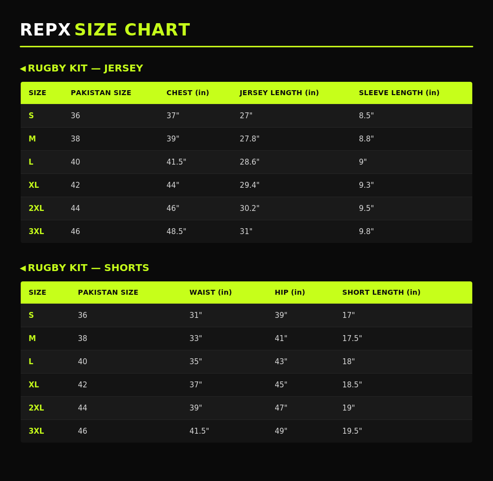 Custom Rugby Kit – Green & White Quartered Sublimated Jersey & Shorts size chart