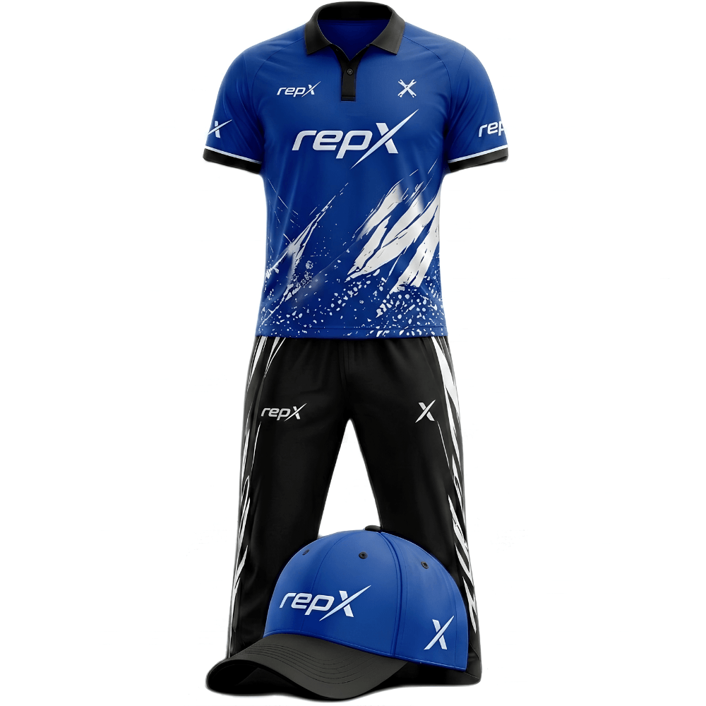 RepX Royal Blue Black Cricket Kit | Custom Cricket Team Uniform | Premium Cricket Jersey & Trousers