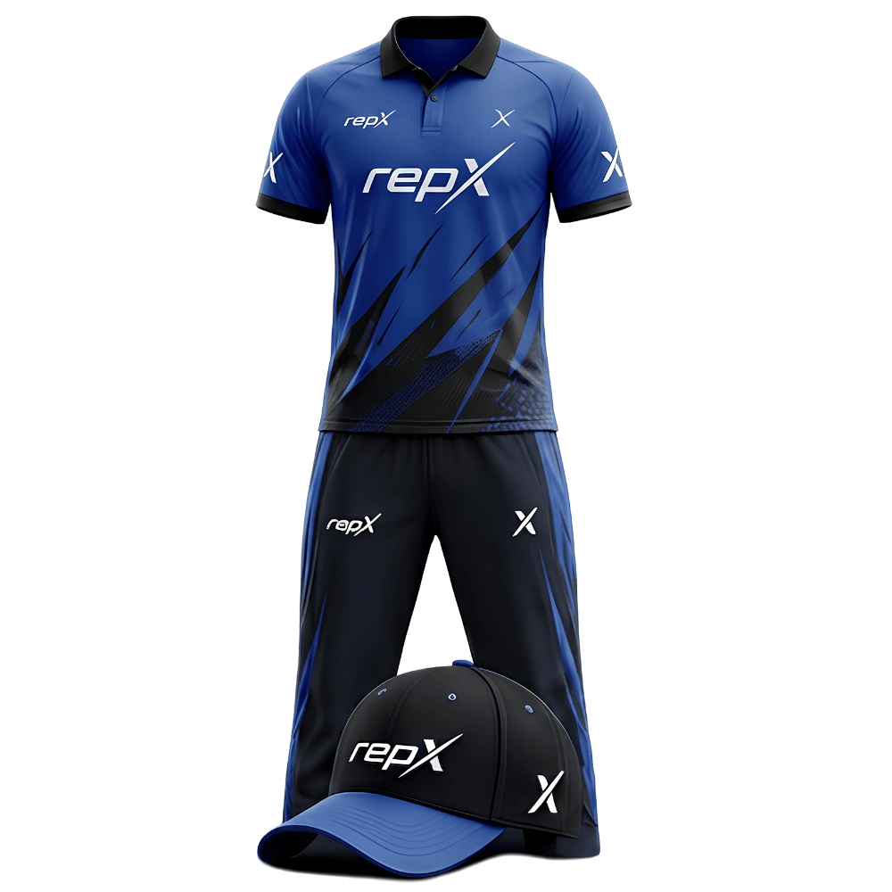 RepX Royal Blue Black Cricket Kit | Custom Cricket Team Uniform | Premium Cricket Jersey & Trousers