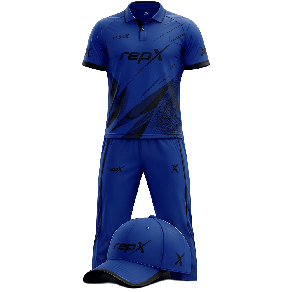 RepX Royal Blue Black Cricket Kit | Custom Cricket Team Uniform | Premium Cricket Jersey & Trousers