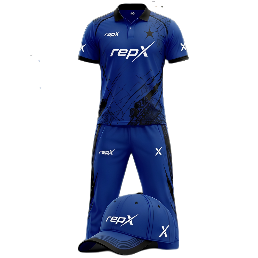 RepX Royal Blue Black Cricket Kit | Custom Cricket Team Uniform | Premium Cricket Jersey & Trousers