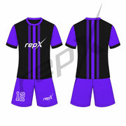 A custom soccer jersey set shown from both front and back views. The jersey features a black body with vertical purple stripes, purple sleeves, and a white 'repX' logo on the chest.