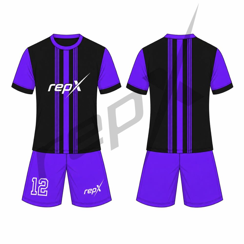 A custom soccer jersey set shown from both front and back views. The jersey features a black body with vertical purple stripes, purple sleeves, and a white 'repX' logo on the chest.