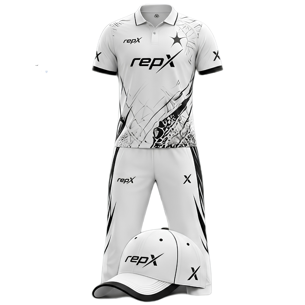 RepX White Black Cricket Kit | Custom Cricket Team Uniform | Premium Cricket Jersey & Trousers