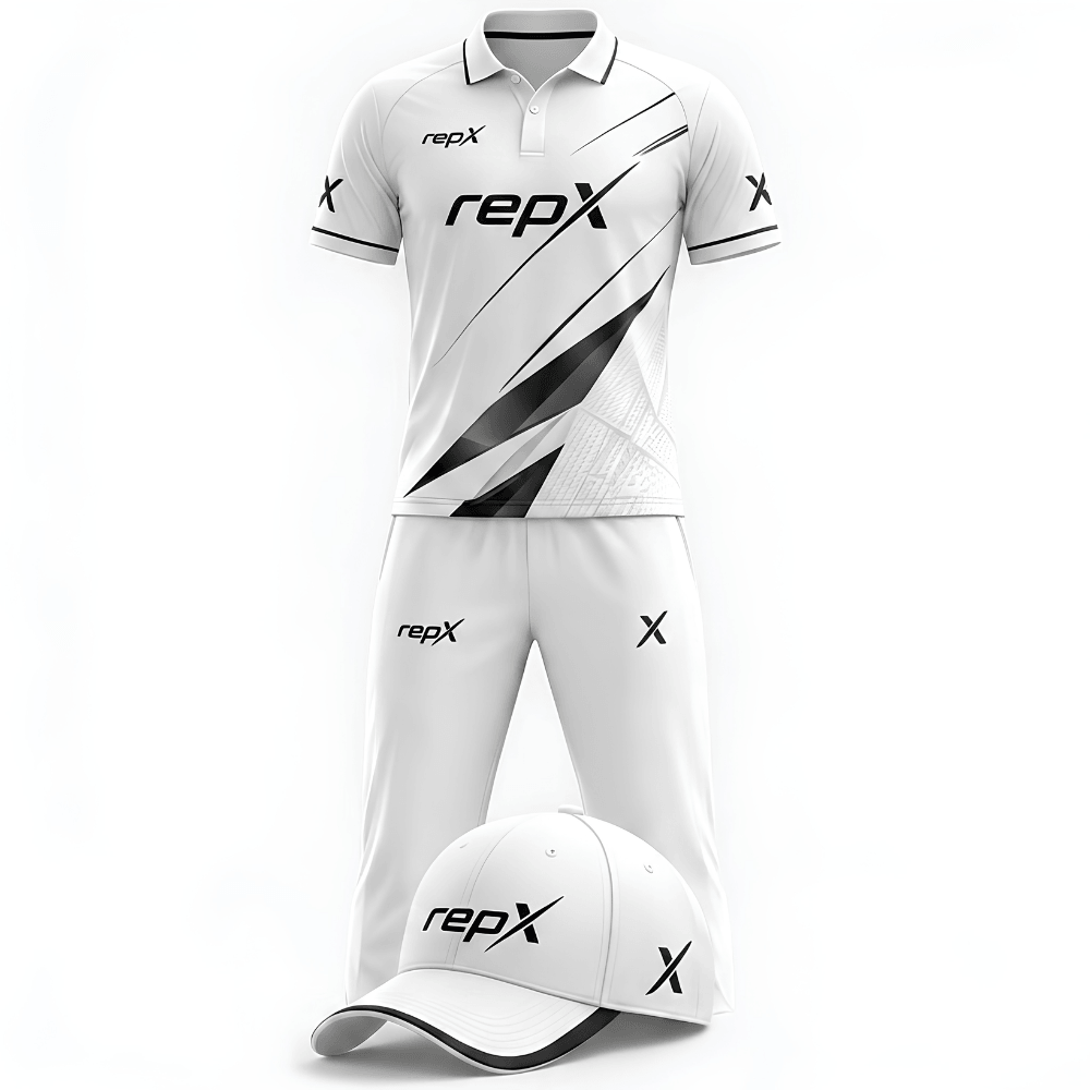 RepX White Black Cricket Kit | Custom Cricket Team Uniform | Premium Cricket Jersey & Trousers