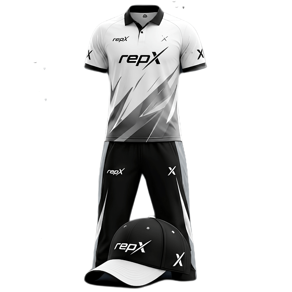 RepX White Black Cricket Kit | Custom Cricket Team Uniform | Premium Cricket Jersey & Trousers
