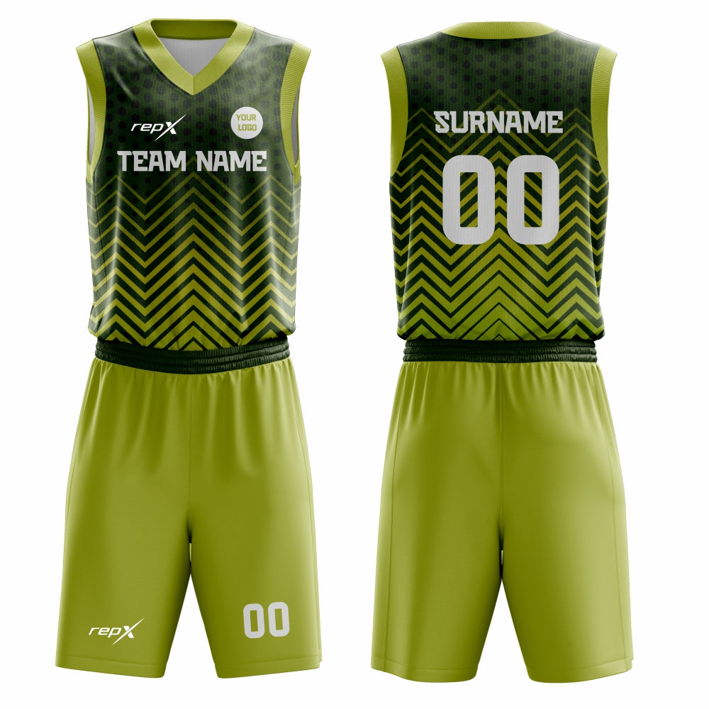 Custom Basketball Uniform Set – Green Chevron Sublimated Jersey & Shorts