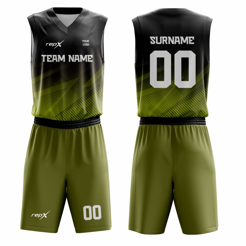 Custom Basketball Uniform Set – Olive & Black Sublimated Jersey & Shorts