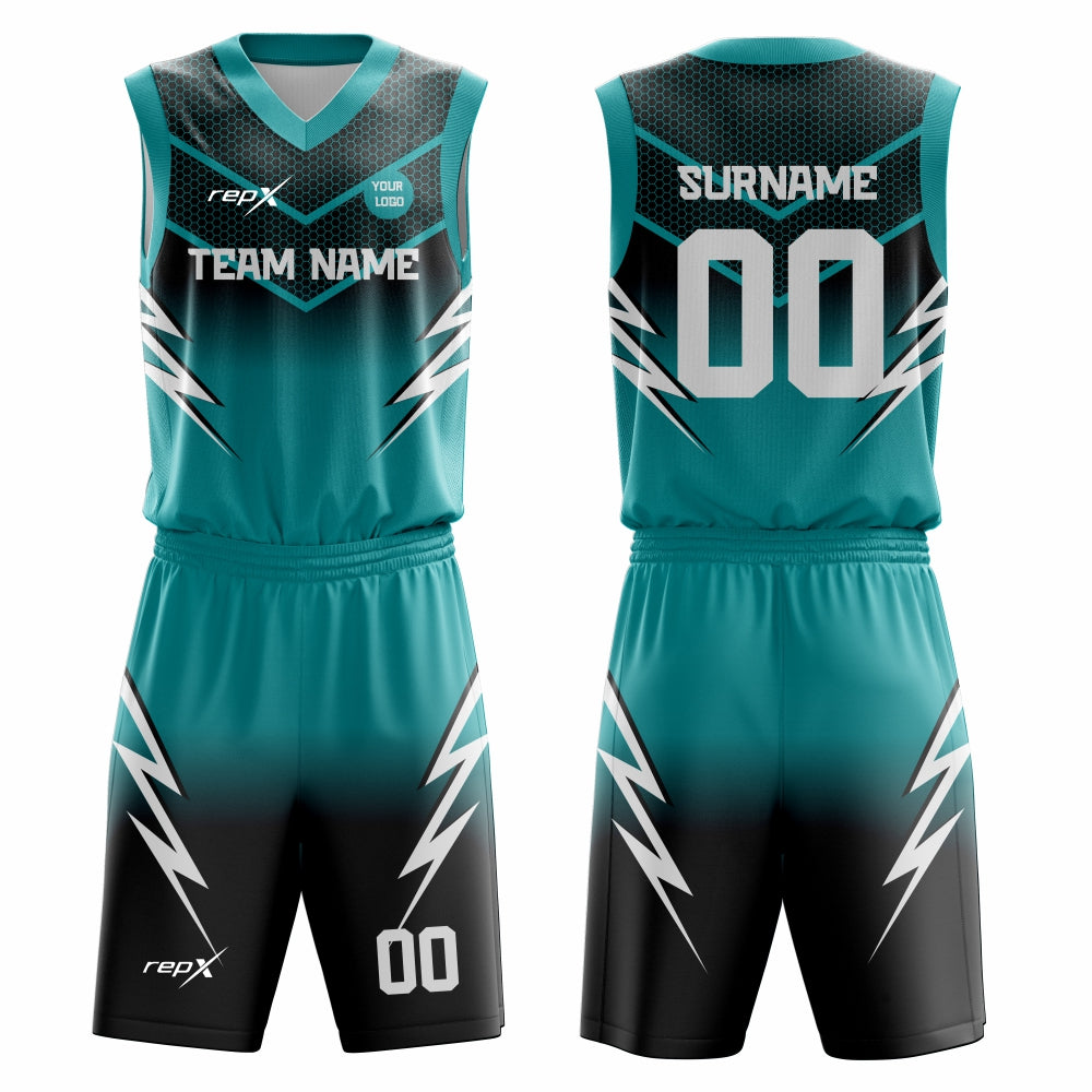 Custom Basketball Uniform Set – Teal & Black Lightning Sublimated Jersey & Shorts