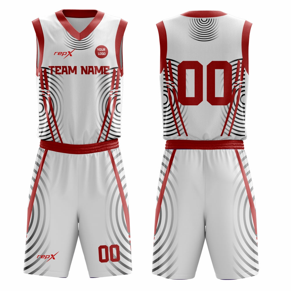 Custom Basketball Uniform Set – White & Red Sublimated Jersey & Shorts