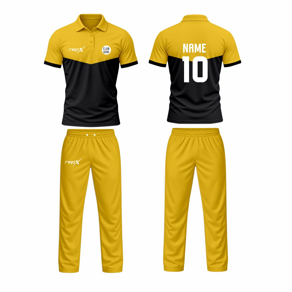 Custom Cricket Uniform Set – Black & Yellow Sublimated Jersey & Trousers