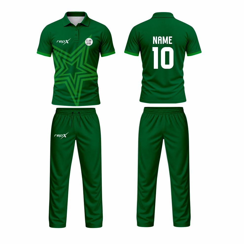 Custom Cricket Uniform Set – Green Star Pattern Sublimated Jersey & Trousers
