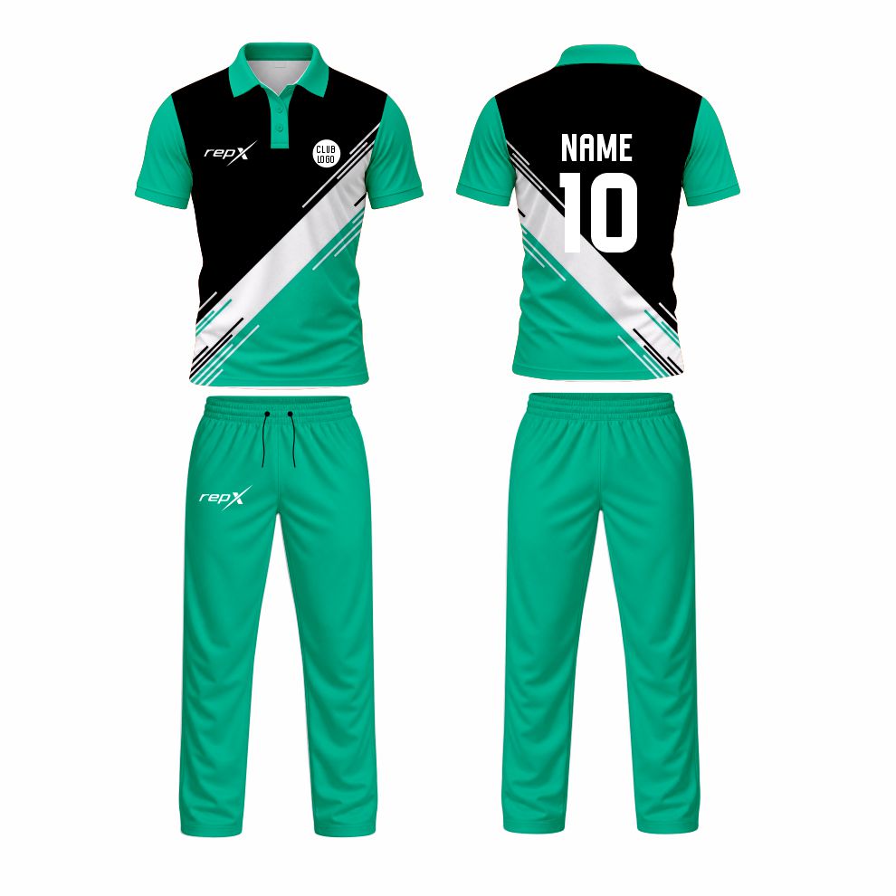 Custom Cricket Uniform Set – Teal & Black Sublimated Jersey & Trousers