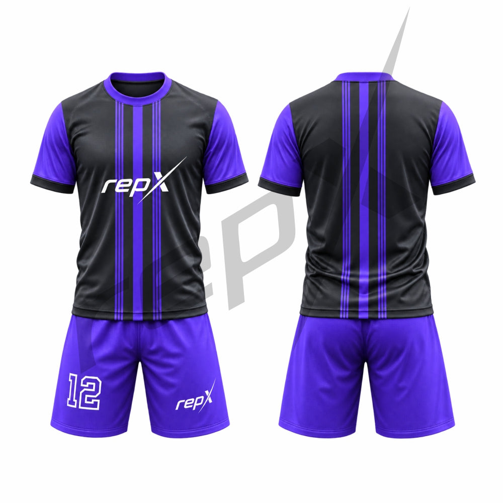 Front and back views of a soccer jersey and matching shorts set in black and purple. The jersey features vertical purple stripes on a black body, purple sleeves, a white 'repX' logo on the chest, and a purple collar.
