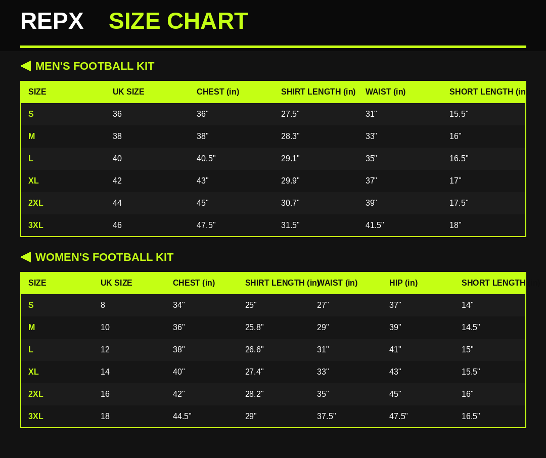 Custom Football Kit –  Tshirt & Shorts - 06 size chart