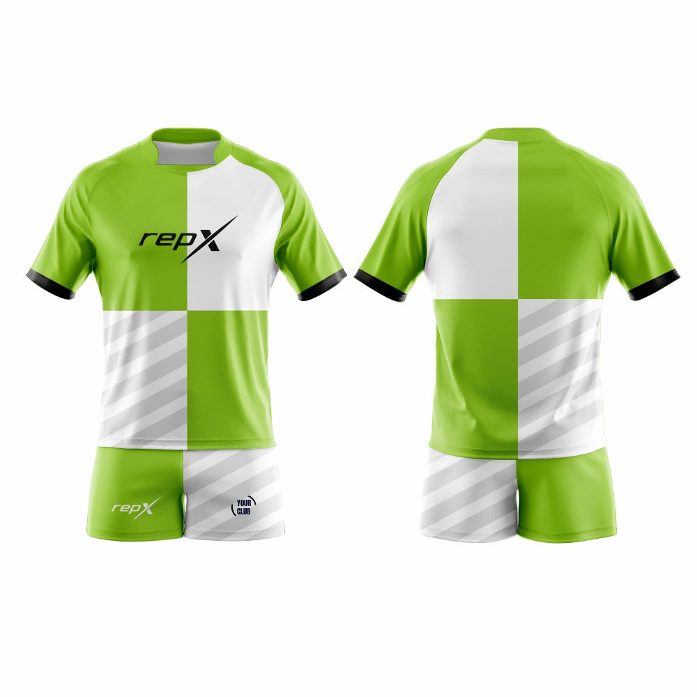 Custom Rugby Kit – Green & White Quartered Sublimated Jersey & Shorts