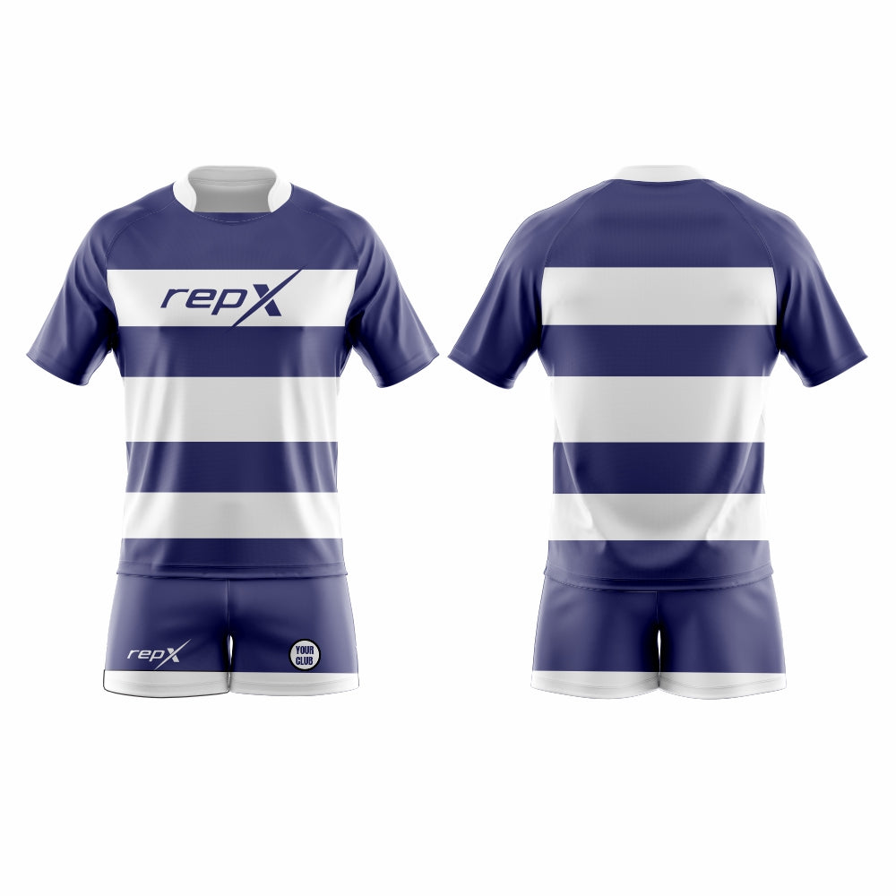 Custom Rugby Kit – Navy & White Hooped Sublimated Jersey & Shorts