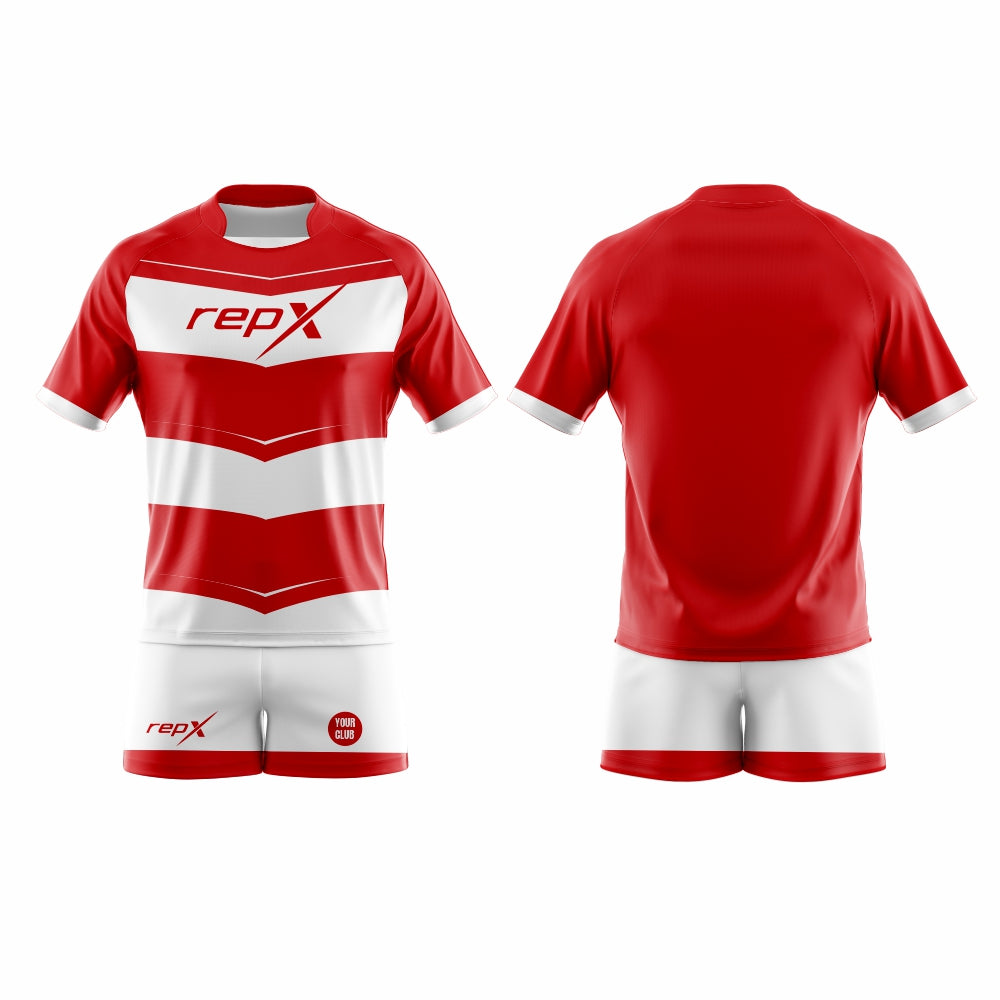 Custom Rugby Kit – Red & White Chevron Sublimated Jersey & Shorts