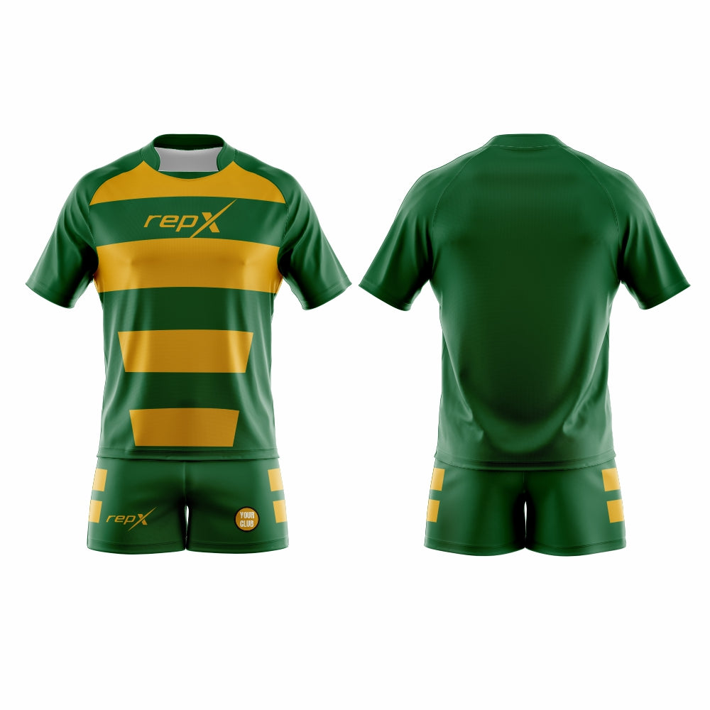 Custom Rugby Kit – Green & Gold Hooped Sublimated Jersey & Shorts