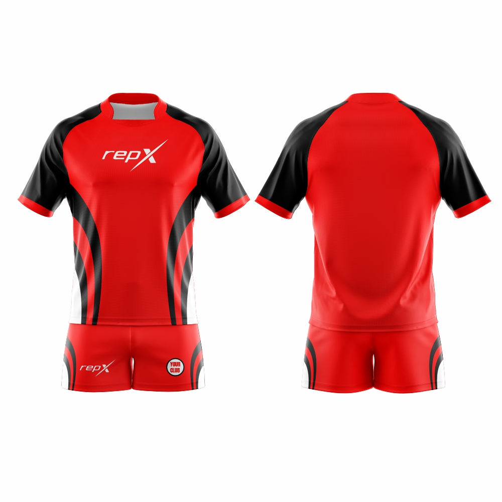 Custom Rugby Kit – Red & Black Sublimated Jersey & Shorts