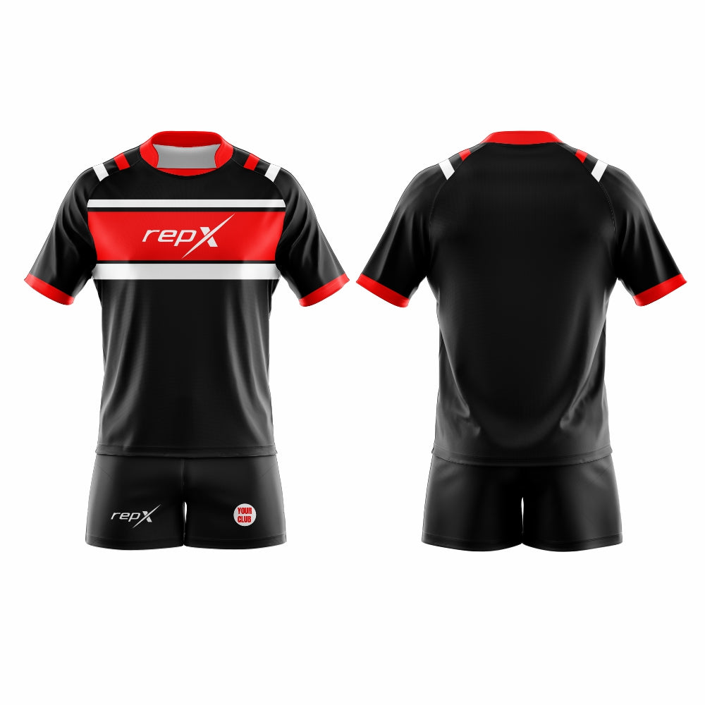 Custom Rugby Kit – Black & Red Sublimated Jersey & Shorts