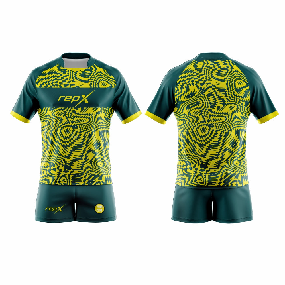 Custom Rugby Kit – Green & Yellow Topographic Sublimated Jersey & Shorts
