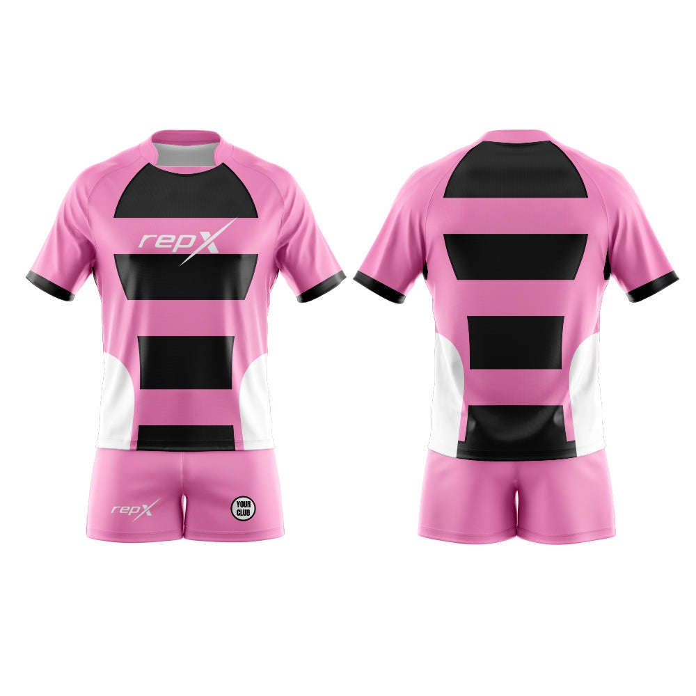 Custom Rugby Kit – Pink & Black Hooped Sublimated Jersey & Shorts